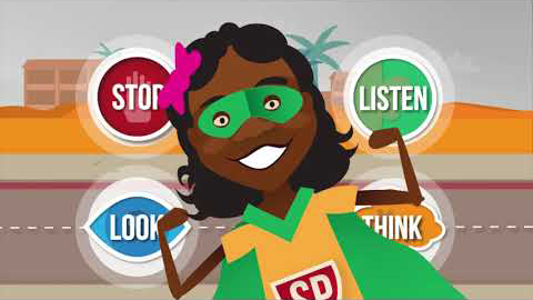An animated indigenous girl flexes her arms. She's wearing a mask and cape. Her shirt has the letters SP on the front which stands for super pedestrian. Behind her in four different circles are the words, stop, look, listen and think.
