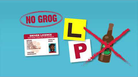 The text No Grog is circled, bringing it to your attention. There's a drivers licence, an L plate for a learner driver, a P plate for provisional driver and a class bottle with a big red cross over it.