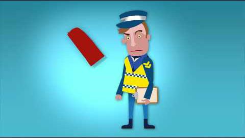 An angry policeman stands with a clipboard in his hand. In front of him is a red ticket.