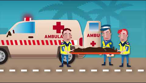 An ambulance is in the background. Two sad looking paramedics carry a stretcher. On the stretcher is a body covered in a blanket. Behind the stretcher is an angry looking policeman.